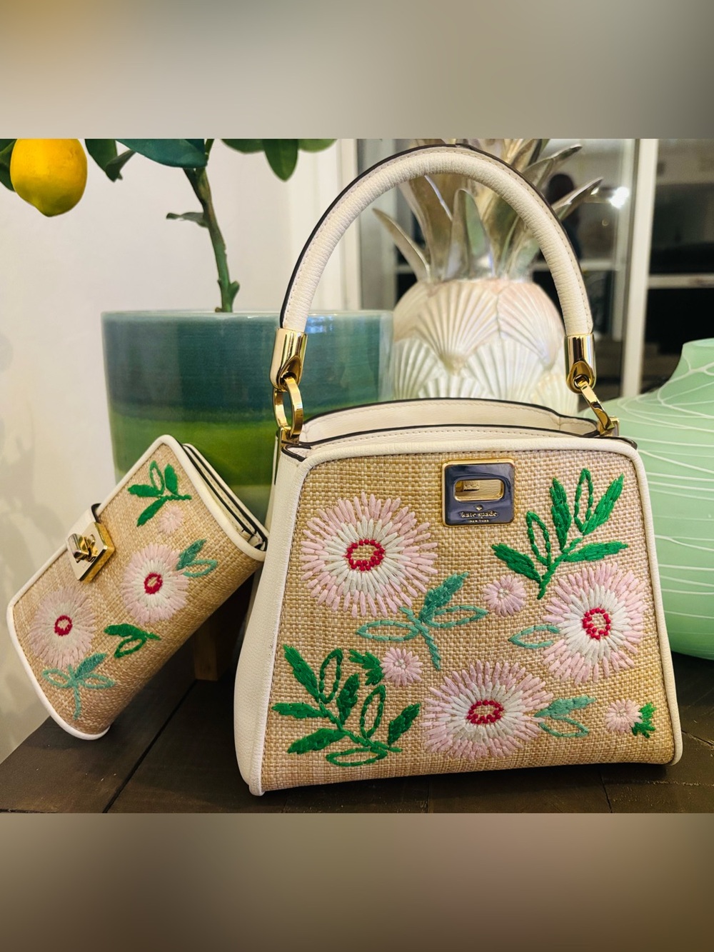 Kate Spade Needle Point Flowers, Top-Handle Satchel in Cream, Purse & Wallet Set
